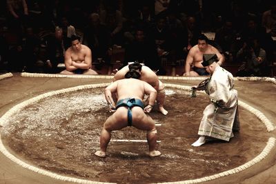 High angle view of men and son