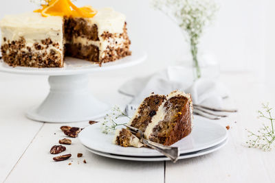 Close-up of cake in plate on table