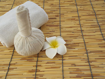 High angle view of white flowers on table