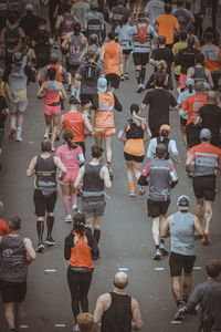 High angle view of people walking on street
