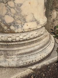 High angle view of carvings on wall