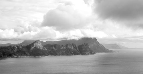 Scenic view of sea and mountains against sky