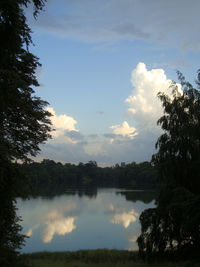 Scenic view of lake against cloudy sky