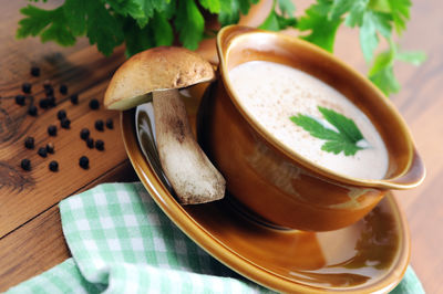 High angle view of tea in cup on table