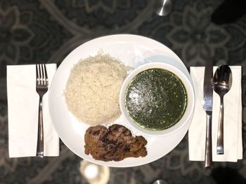 High angle view of breakfast served on table