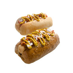 Close-up of hot dog against white background