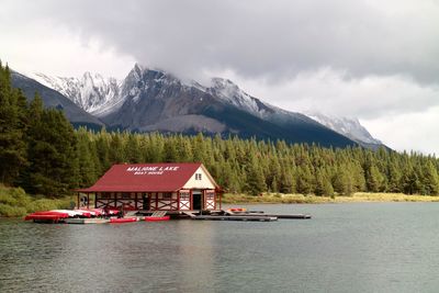 Scenic view of lake by mountains against sky