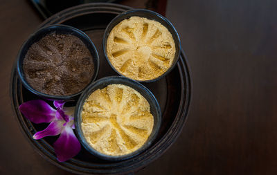 High angle view of dessert in bowl on table