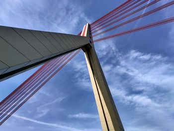 Low angle view of flags against cloudy sky