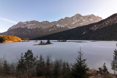 Scenic view of lake and mountains against sky