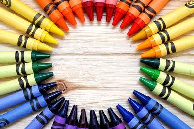 High angle view of multi colored pencils on table