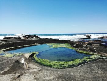 Scenic view of sea against clear blue sky