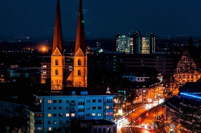 High angle view of illuminated city