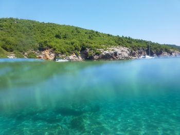 Scenic view of sea against clear blue sky