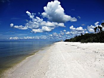 Scenic view of beach against cloudy sky