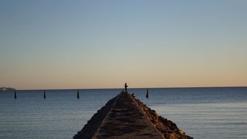 Silhouette of person on beach against clear sky