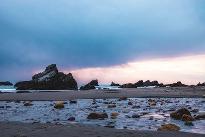 Scenic view of rock formation in sea against sky