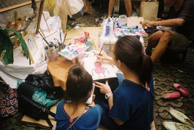 High angle view of people at market