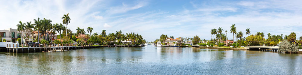 Panoramic view of palm trees by river against sky