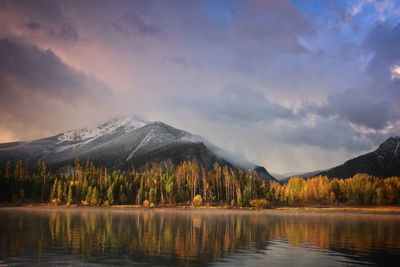 Scenic view of lake and mountains during sunset