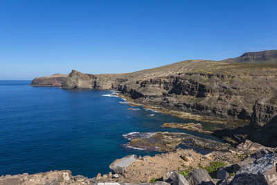 Scenic view of sea against clear blue sky