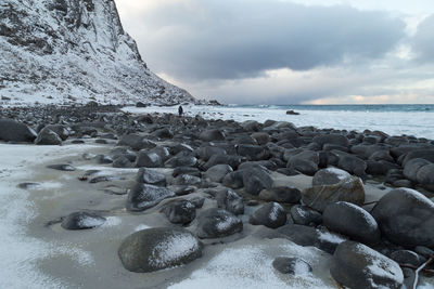 Rocks on beach against sky