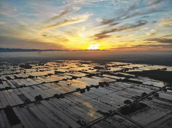 High angle view of landscape against sky during sunset