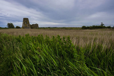 Scenic view of field against cloudy sky