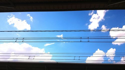 Low angle view of power lines against cloudy sky