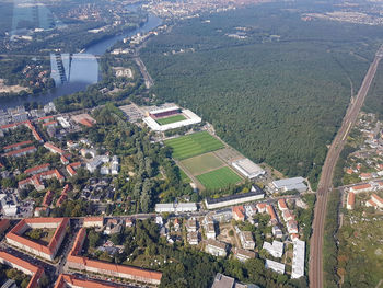 High angle view of buildings in city