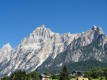 Scenic view of snowcapped mountains against clear blue sky