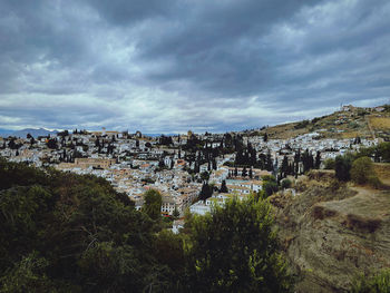 High angle shot of townscape against sky