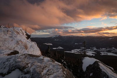 Scenic view of snowcapped mountains against sky during sunset