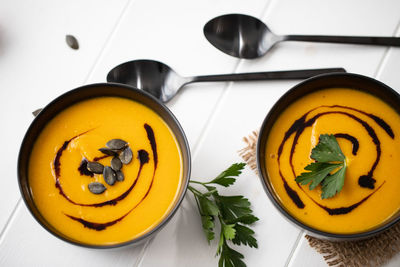 High angle view of yellow food on table