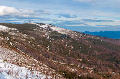 Scenic view of snowcapped mountains against sky