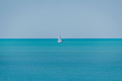 Sailboat sailing in sea against clear sky