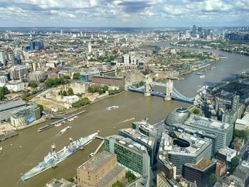 High angle view of buildings in city against sky