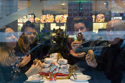 High angle view of people in store for sale