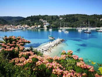 Scenic view of bay against clear sky