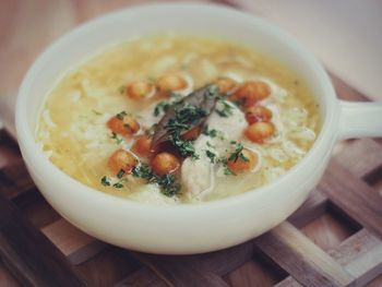 High angle view of soup in bowl on table