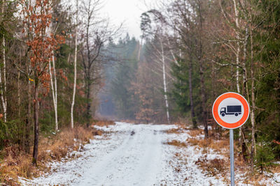 Road sign by trees in forest during winter