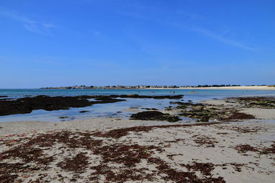 Scenic view of beach against blue sky