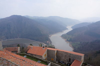 High angle view of mountains against clear sky