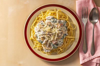High angle view of meal served on table