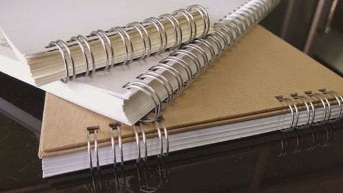 High angle view of books on table