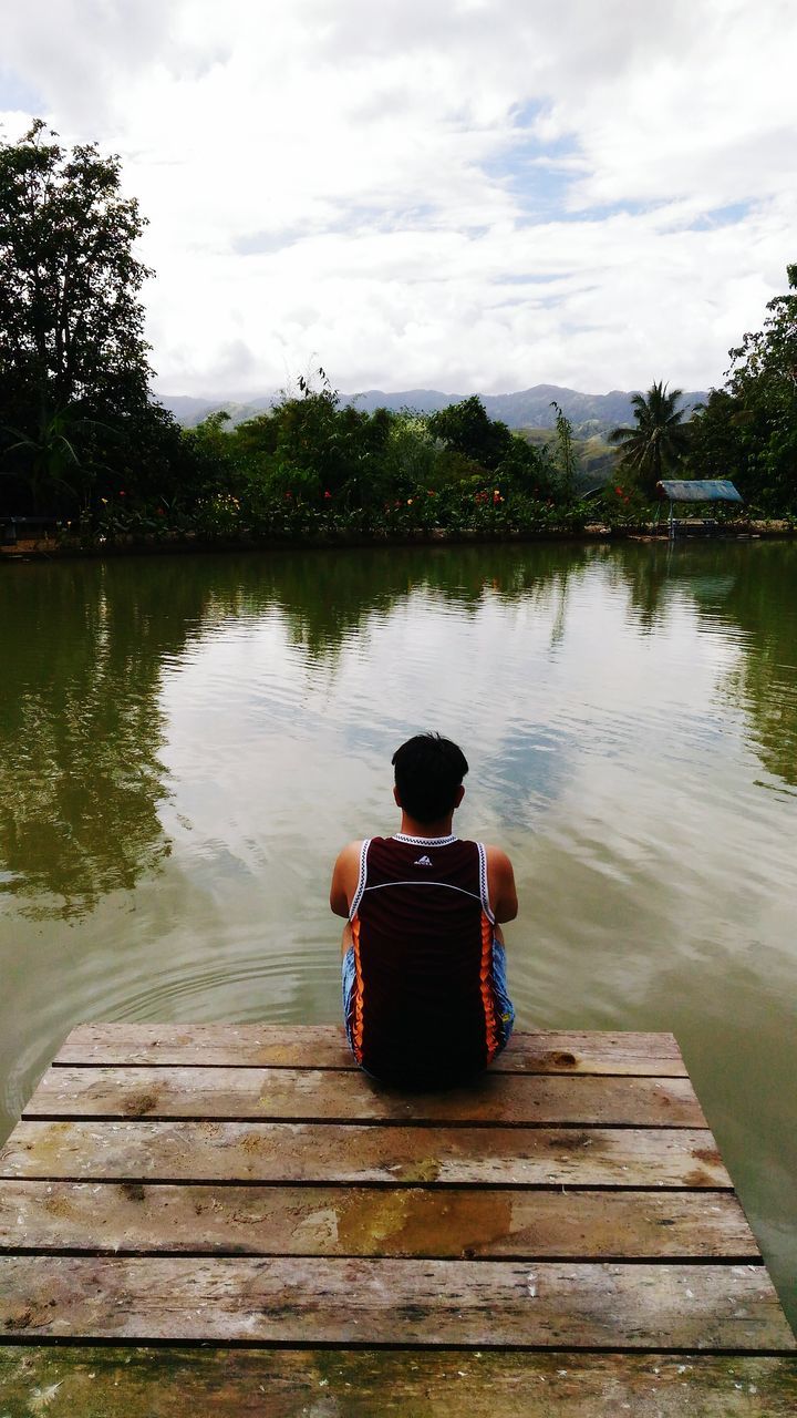 sitting, rear view, lake, reflection, nature, water, outdoors, young adult, bench, chair, full length, people, one person, adults only, adult, day, only men, sky, beauty in nature, one man only