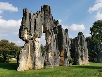 Rock formation on field against sky