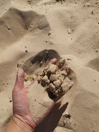High angle view of hands on sand
