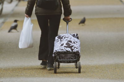 Low section of person with luggage walking on footpath