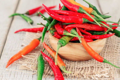 Red chili peppers on table